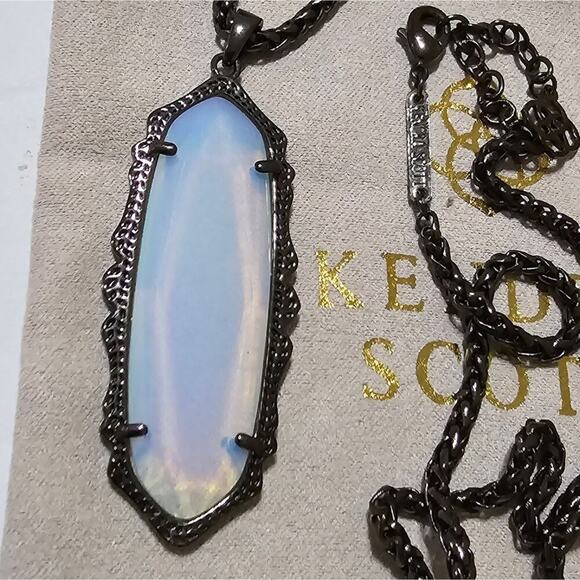 Kendra Scott "Mystic Bazaar" White Opalite Iridescent Gunmetal Chain Necklace - Picture 2 of 8